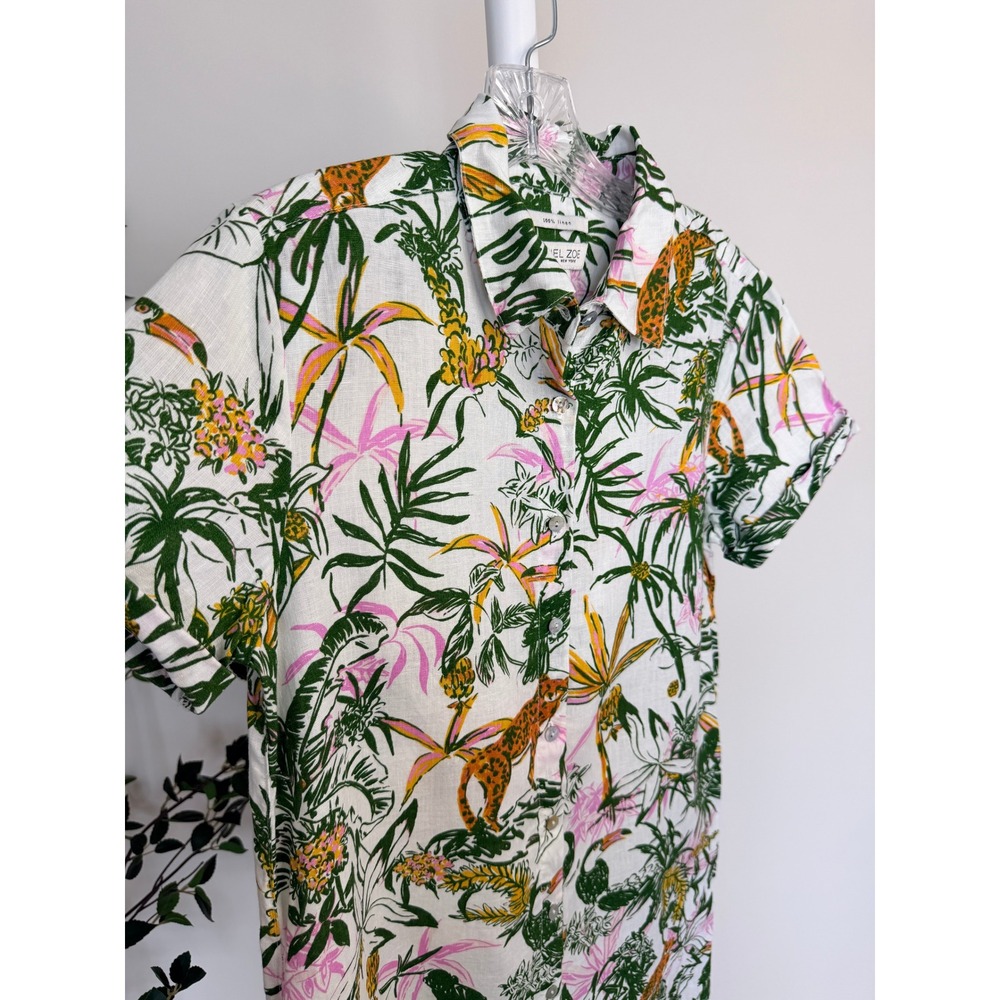 Rachel Zoe Tropical Leopard Print 100% Linen Mini Shirt Dress White Green Small - Picture 4 of 5